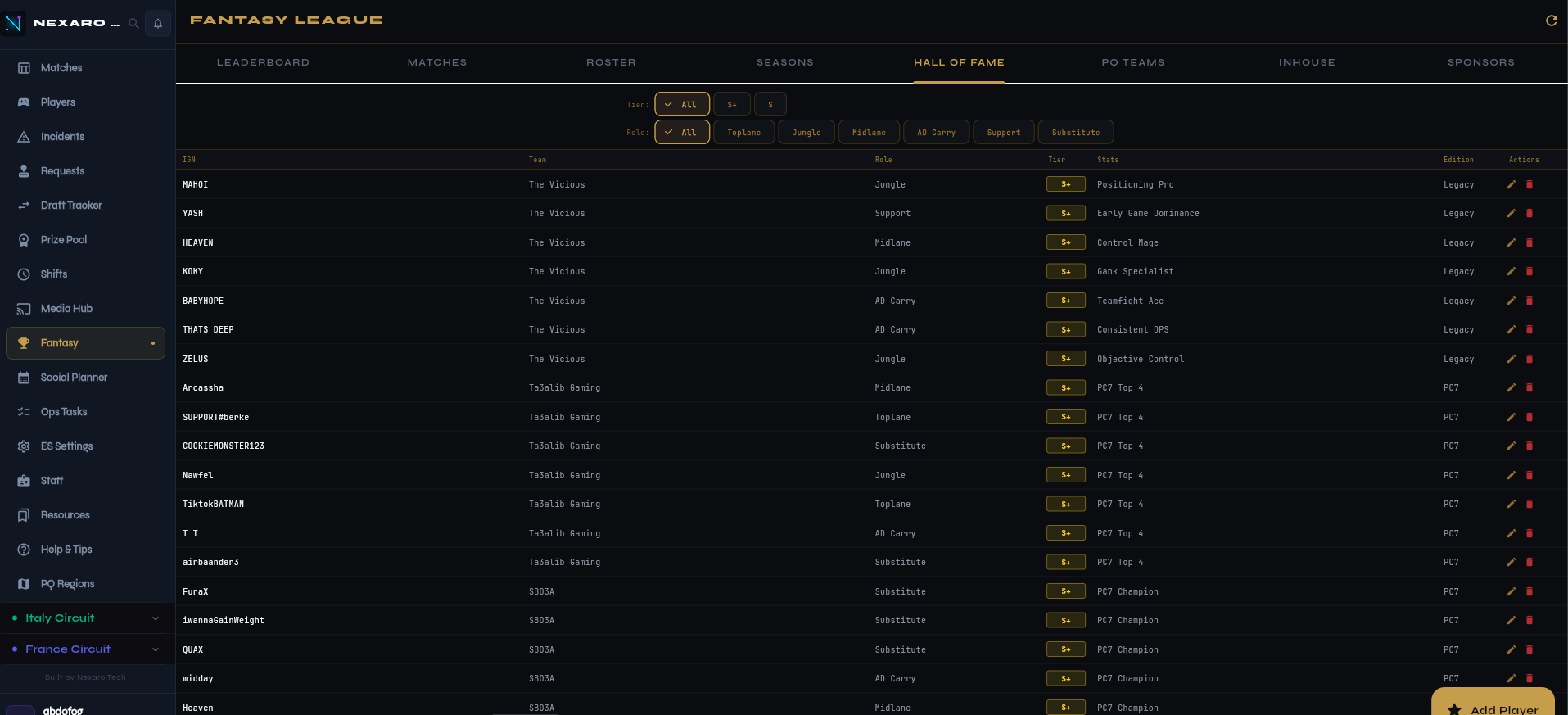 Nexaro Teams OS player records screen
